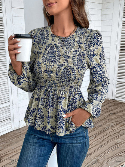 Blouses- Smocked Bodice Long Sleeve Blouse in Floral Print | Peplum Top- - IndioGear Fashion and Gear