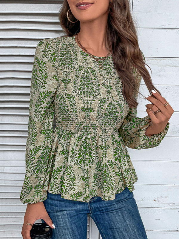 Blouses- Smocked Bodice Long Sleeve Blouse in Floral Print | Peplum Top- - IndioGear Fashion and Gear