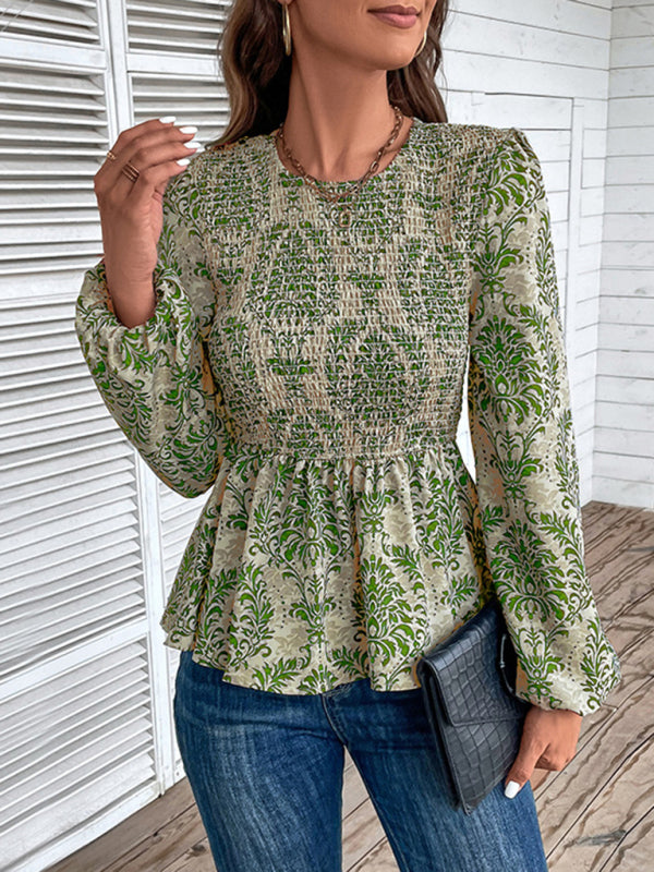 Blouses- Smocked Bodice Long Sleeve Blouse in Floral Print | Peplum Top- - IndioGear Fashion and Gear