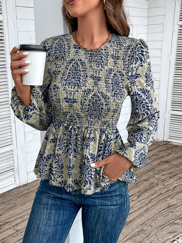 Blouses- Smocked Bodice Long Sleeve Blouse in Floral Print | Peplum Top- Blue- IndioGear Fashion and Gear