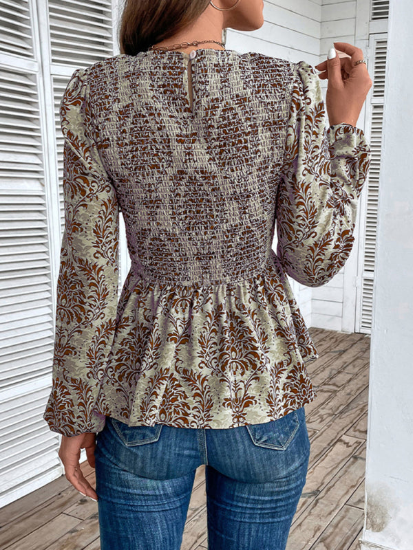 Blouses- Smocked Bodice Long Sleeve Blouse in Floral Print | Peplum Top- - IndioGear Fashion and Gear