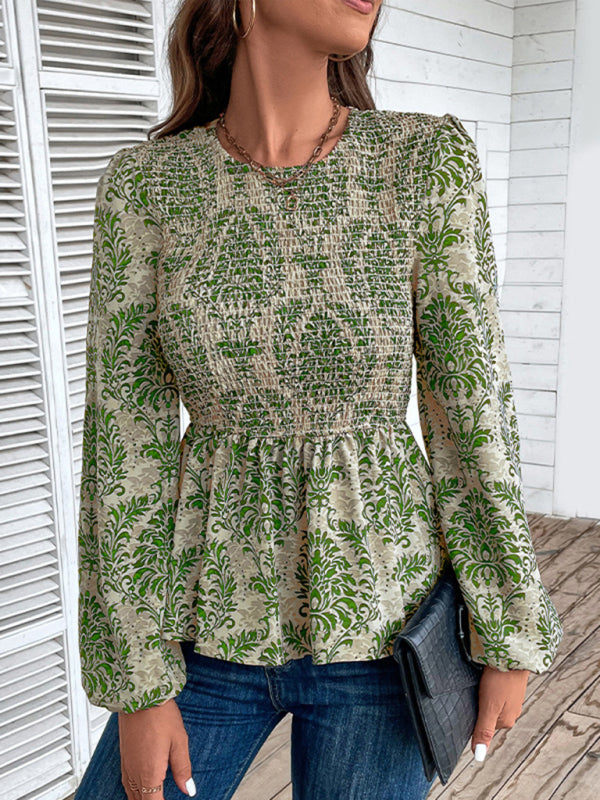 Blouses- Smocked Bodice Long Sleeve Blouse in Floral Print | Peplum Top- Green- IndioGear Fashion and Gear