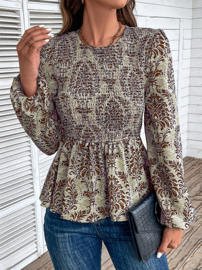 Blouses- Smocked Bodice Long Sleeve Blouse in Floral Print | Peplum Top- - IndioGear Fashion and Gear