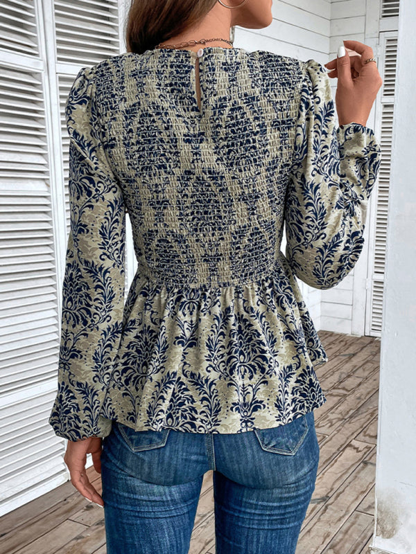 Blouses- Smocked Bodice Long Sleeve Blouse in Floral Print | Peplum Top- - IndioGear Fashion and Gear