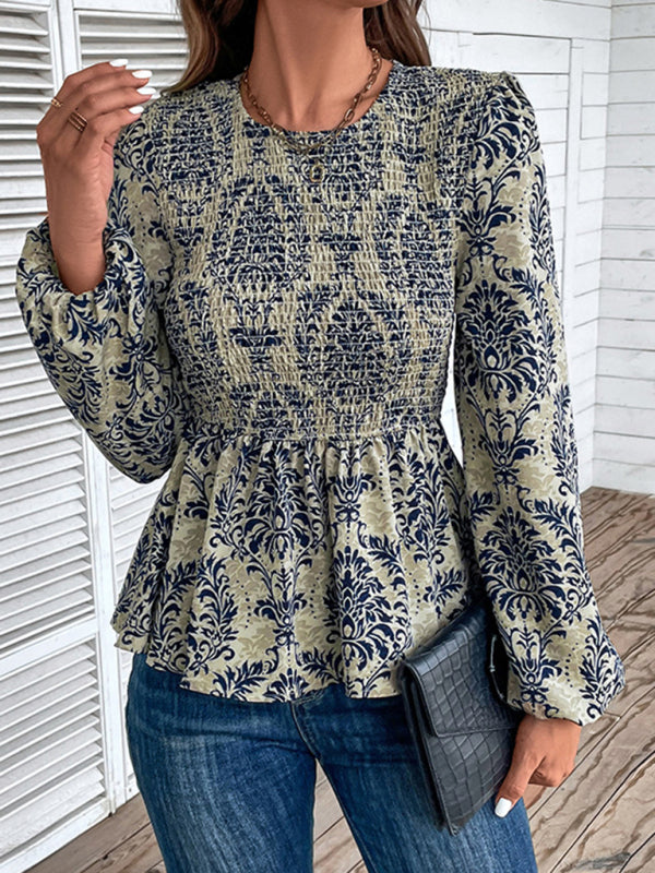 Blouses- Smocked Bodice Long Sleeve Blouse in Floral Print | Peplum Top- Champlain color- IndioGear Fashion and Gear