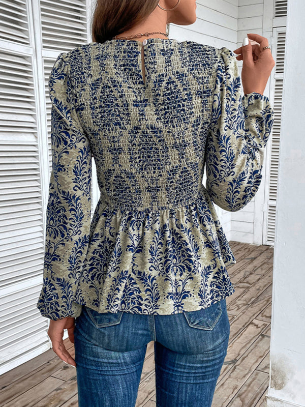 Blouses- Smocked Bodice Long Sleeve Blouse in Floral Print | Peplum Top- - IndioGear Fashion and Gear