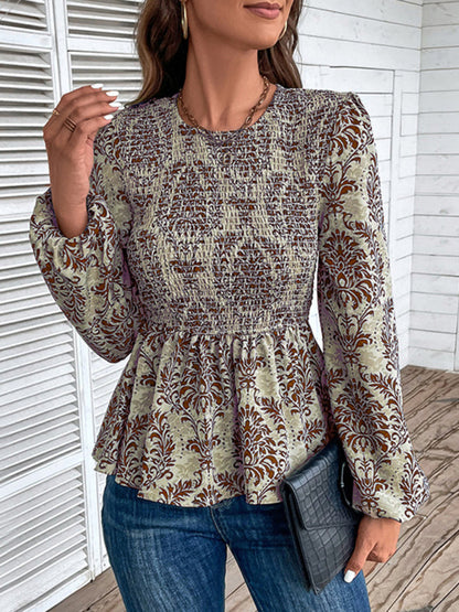 Blouses- Smocked Bodice Long Sleeve Blouse in Floral Print | Peplum Top- Coffee- IndioGear Fashion and Gear