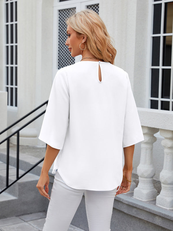 Blouses- Solid Chiffon Elegance in 3/4 Sleeves Blouse- - IndioGear Fashion and Gear