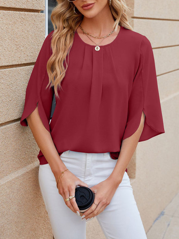 Blouses- Solid Chiffon Elegance in 3/4 Sleeves Blouse- - IndioGear Fashion and Gear