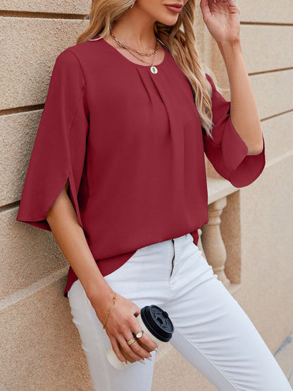 Blouses- Solid Chiffon Elegance in 3/4 Sleeves Blouse- - IndioGear Fashion and Gear