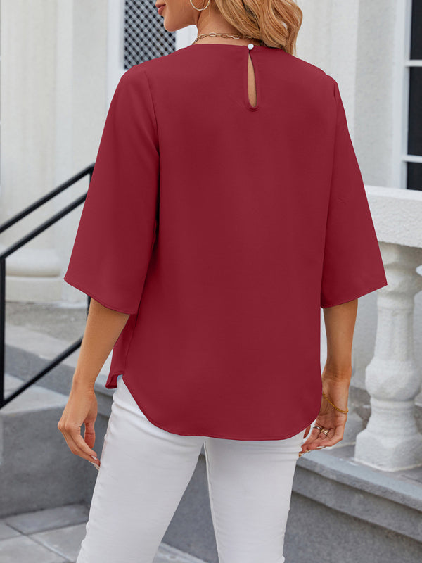 Blouses- Solid Chiffon Elegance in 3/4 Sleeves Blouse- - IndioGear Fashion and Gear