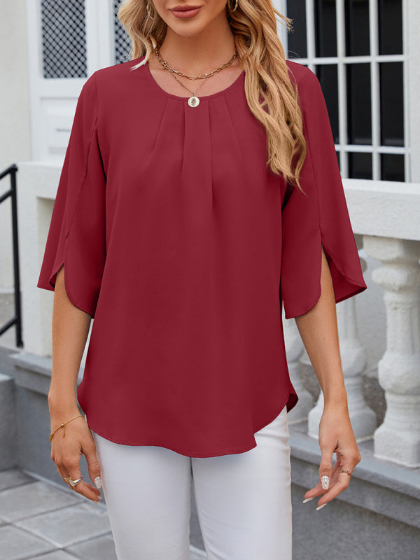 Blouses- Solid Chiffon Elegance in 3/4 Sleeves Blouse- - IndioGear Fashion and Gear