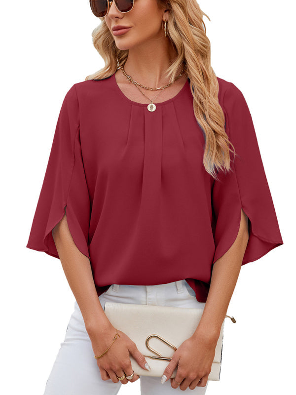 Blouses- Solid Chiffon Elegance in 3/4 Sleeves Blouse- - IndioGear Fashion and Gear