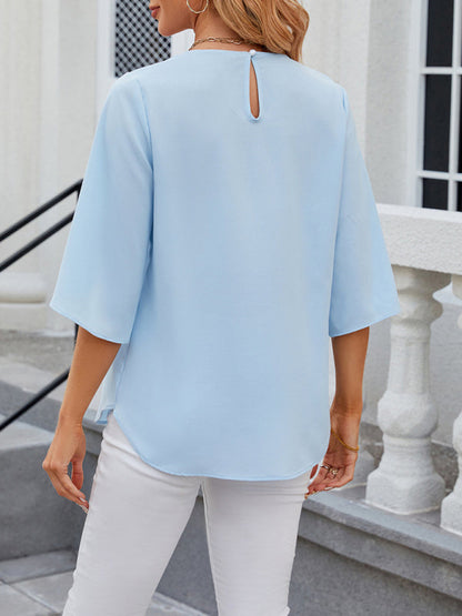 Blouses- Solid Chiffon Elegance in 3/4 Sleeves Blouse- - IndioGear Fashion and Gear