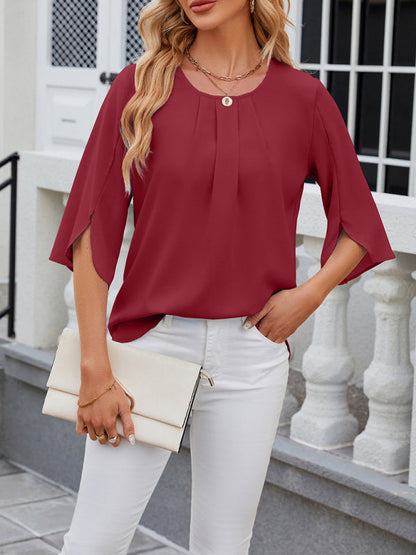 Blouses- Solid Chiffon Elegance in 3/4 Sleeves Blouse- - IndioGear Fashion and Gear