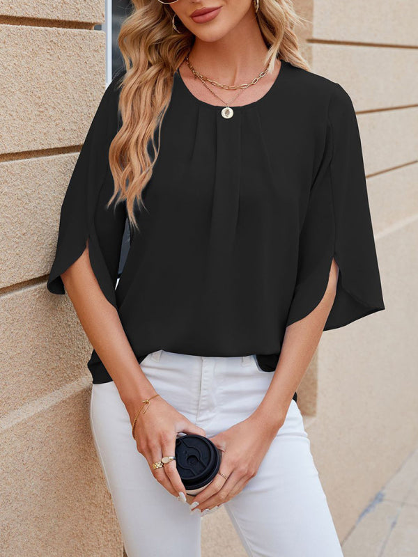 Blouses- Solid Chiffon Elegance in 3/4 Sleeves Blouse- Black- IndioGear Fashion and Gear