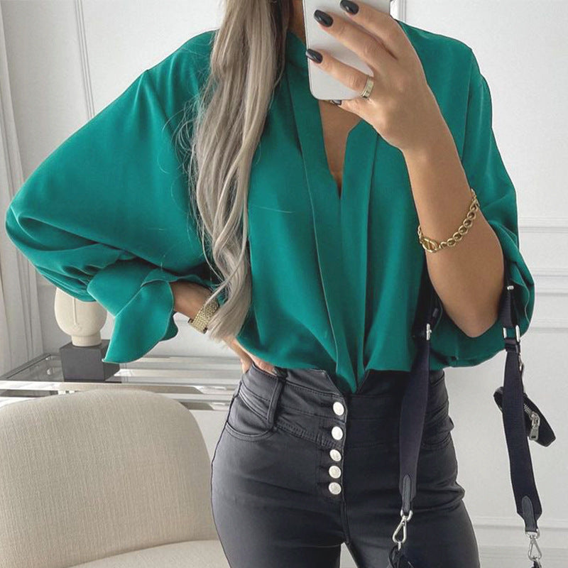 Blouses- Solid Chiffon V Neck Long Sleeve Blouse- - IndioGear Fashion and Gear