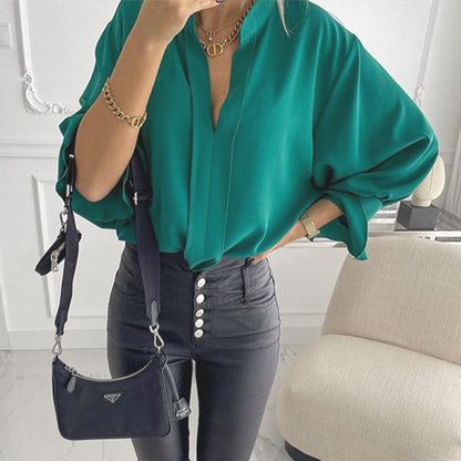 Blouses- Solid Chiffon V Neck Long Sleeve Blouse- - IndioGear Fashion and Gear