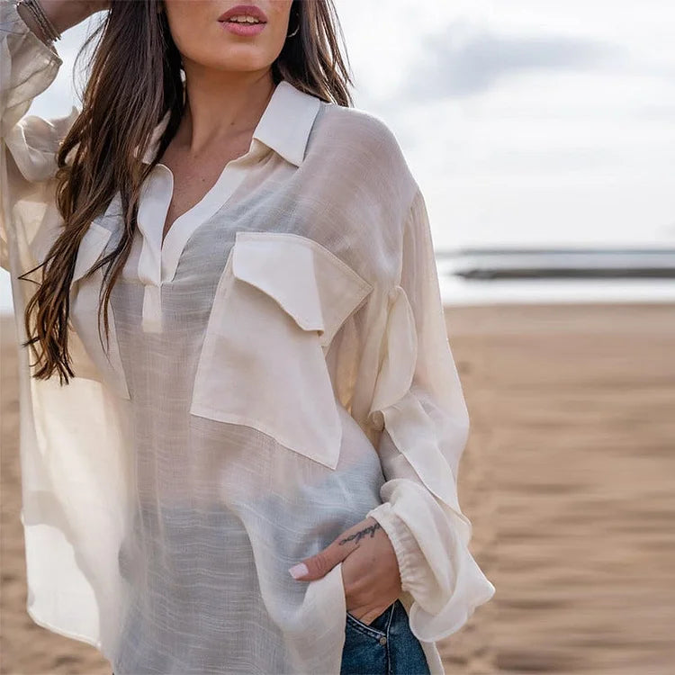 Blouses- Solid Cotton See-through Long Sleeve Blouse- - IndioGear Fashion and Gear