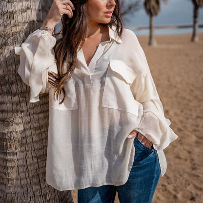 Blouses- Solid Cotton See-through Long Sleeve Blouse- White- IndioGear Fashion and Gear