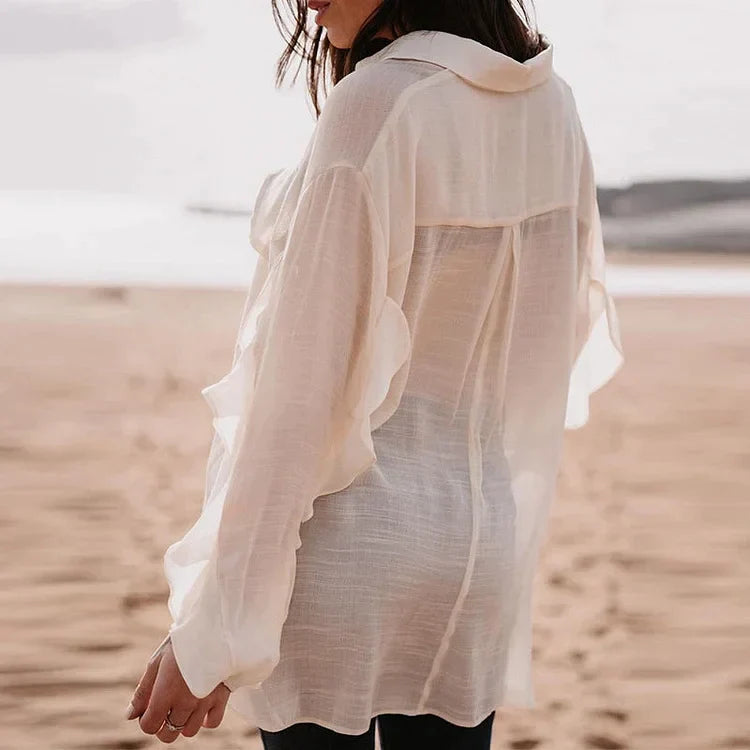 Blouses- Solid Cotton See-through Long Sleeve Blouse- - IndioGear Fashion and Gear