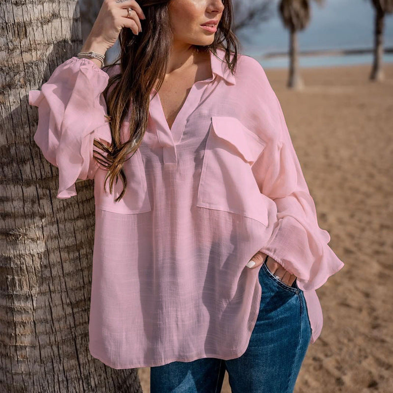 Blouses- Solid Cotton See-through Long Sleeve Blouse- Pink- IndioGear Fashion and Gear