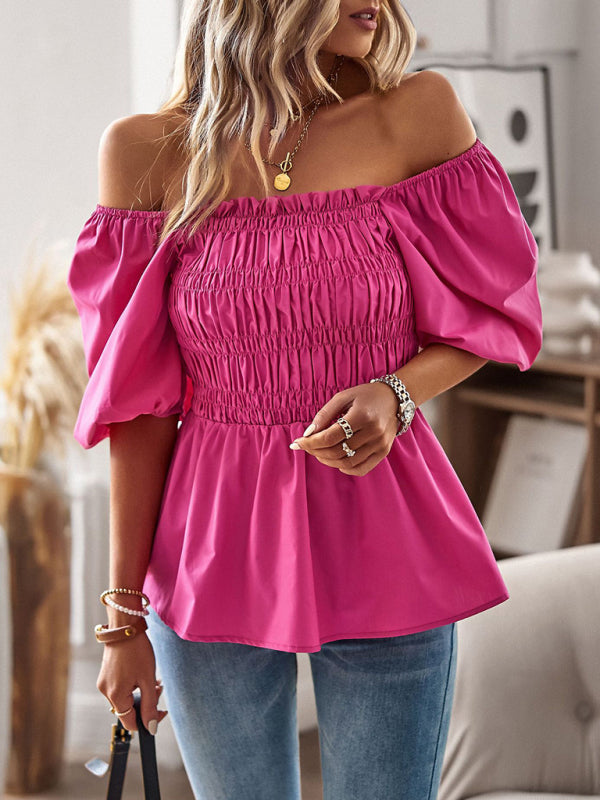 Blouses- Solid Off-Shoulder Blouse - Smocked Peplum Top- Chuzko Women Clothing