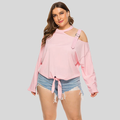 Blouses- Solid One-Shoulder Choker Blouse for Curvy Women- Pink- IndioGear Fashion and Gear