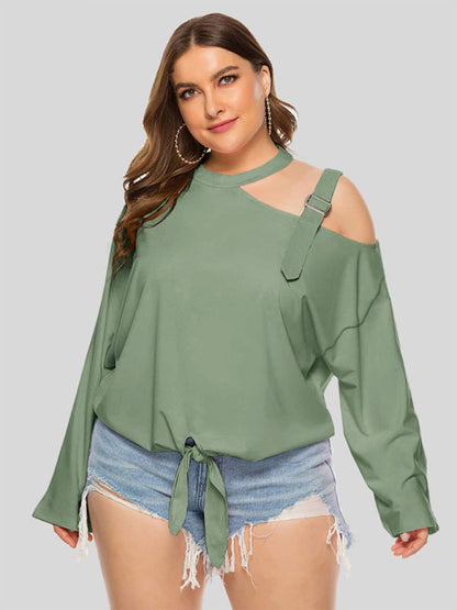 Blouses- Solid One-Shoulder Choker Blouse for Curvy Women- - IndioGear Fashion and Gear