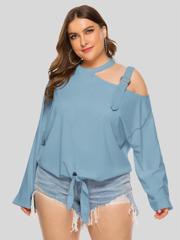 Blouses- Solid One-Shoulder Choker Blouse for Curvy Women- Blue- IndioGear Fashion and Gear