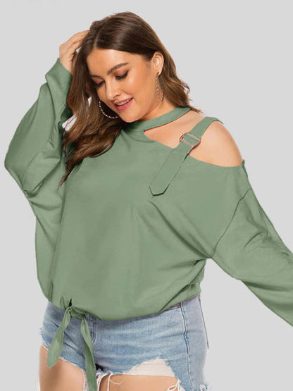 Blouses- Solid One-Shoulder Choker Blouse for Curvy Women- Green- IndioGear Fashion and Gear