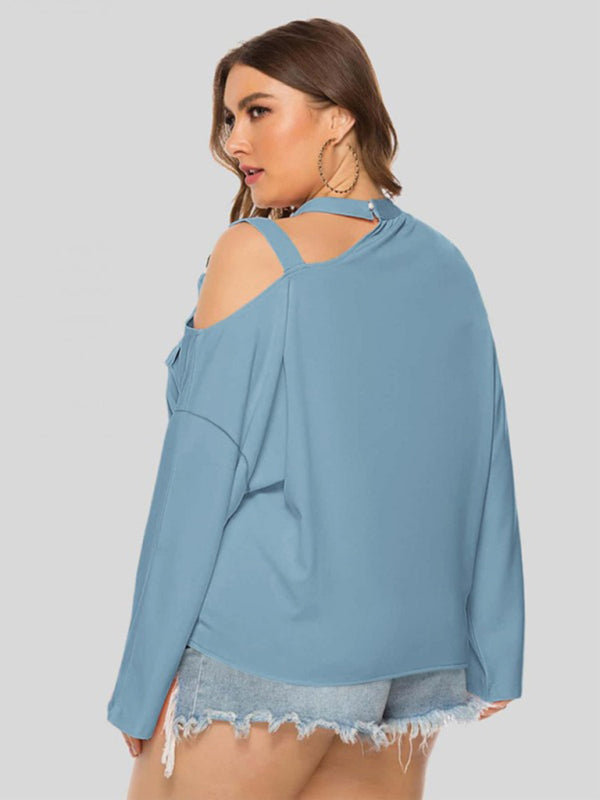 Blouses- Solid One-Shoulder Choker Blouse for Curvy Women- - IndioGear Fashion and Gear