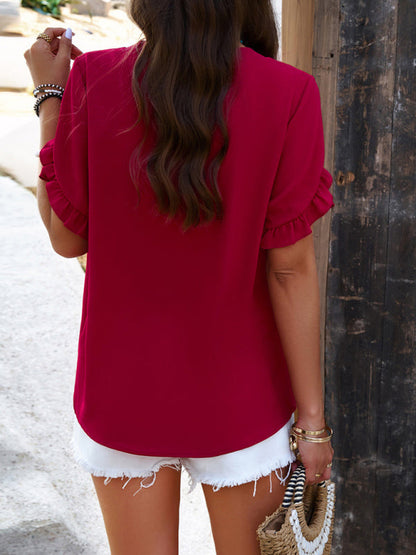 Blouses- Solid Petal Sleeves Blouse with V-Neck and Frill Accents- - IndioGear Fashion and Gear