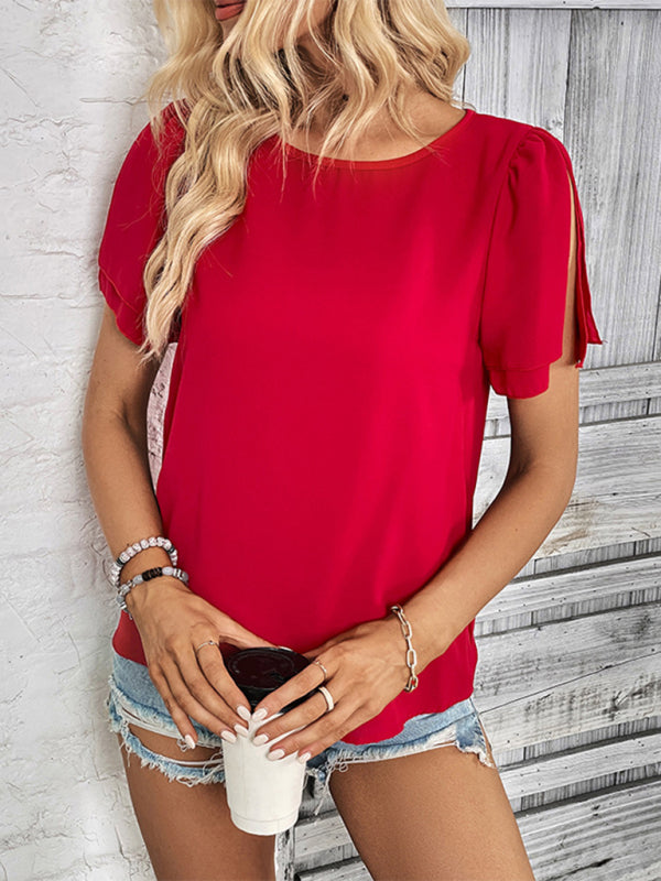 Blouses-Solid Puff Sleeve Blouse for Summer Days-Pekosa Women Clothing