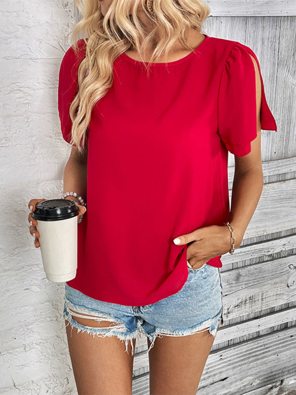 Blouses-Solid Puff Sleeve Blouse for Summer Days-Pekosa Women Clothing