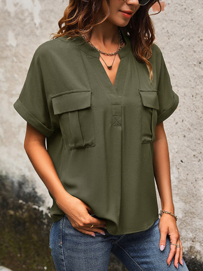 Blouses- Solid Short-Sleeve V-Neck Blouse - Flap Shirt- Chuzko Women Clothing