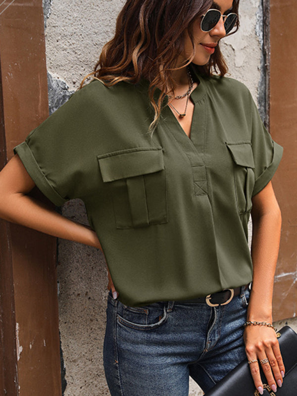 Blouses- Solid Short-Sleeve V-Neck Blouse - Flap Shirt- Chuzko Women Clothing