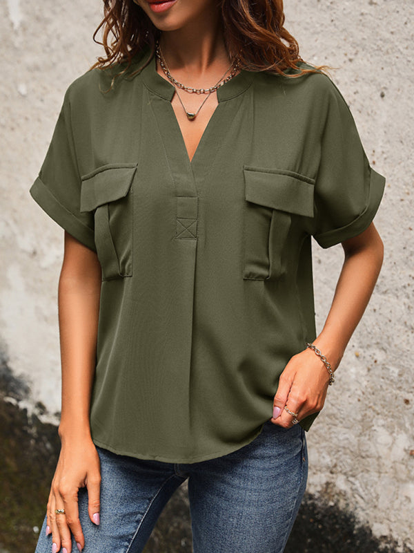 Blouses- Solid Short-Sleeve V-Neck Blouse - Flap Shirt- Chuzko Women Clothing