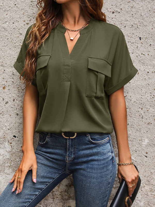 Blouses- Solid Short-Sleeve V-Neck Blouse - Flap Shirt- Chuzko Women Clothing