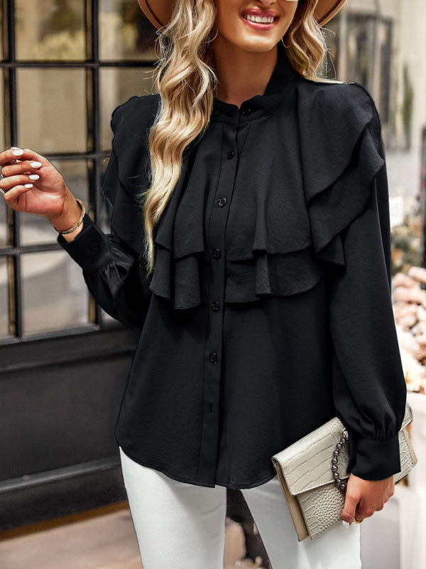 Blouses- Solid Stand Collar Buttoned Blouse | Long Sleeves and Ruffle Paneled Shirt- - IndioGear Fashion and Gear