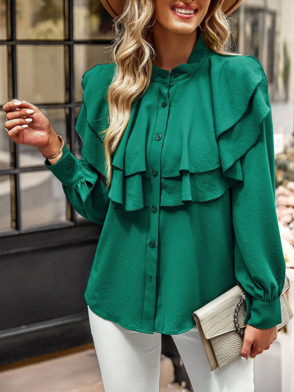 Blouses- Solid Stand Collar Buttoned Blouse | Long Sleeves and Ruffle Paneled Shirt- Green- IndioGear Fashion and Gear