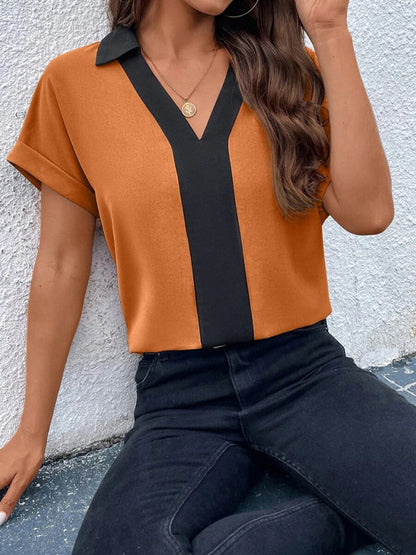 Blouses-Solid V-Neck Blouse - Summer Collared Top-Pekosa Women Clothing