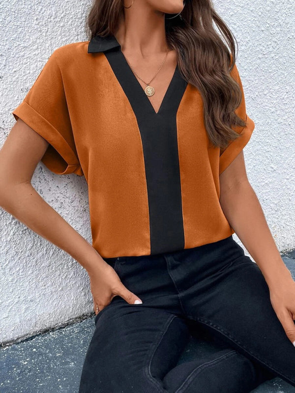 Blouses-Solid V-Neck Blouse - Summer Collared Top-Pekosa Women Clothing