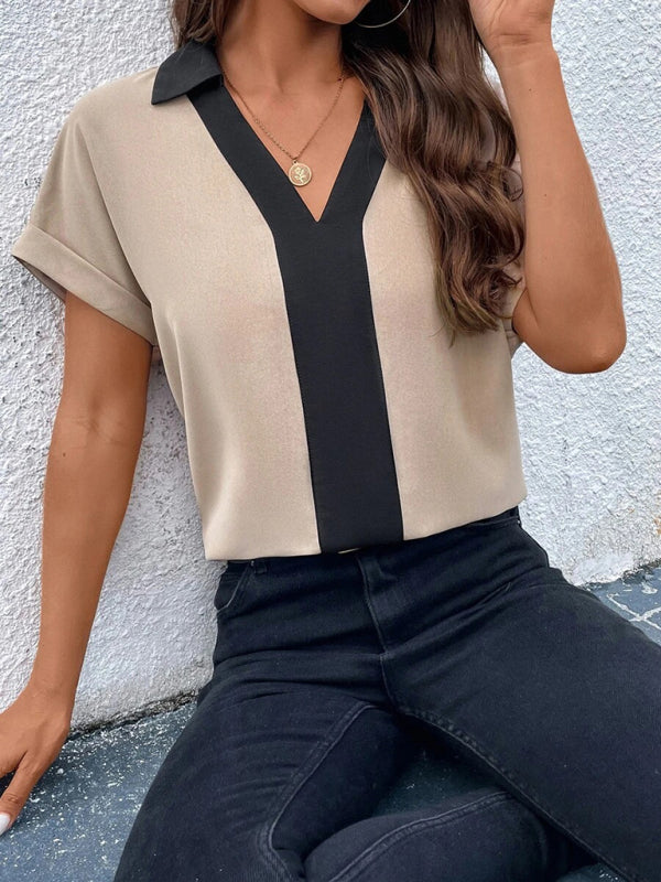 Blouses-Solid V-Neck Blouse - Summer Collared Top-Pekosa Women Clothing