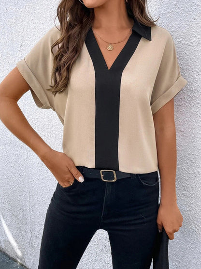 Blouses-Solid V-Neck Blouse - Summer Collared Top-Pekosa Women Clothing