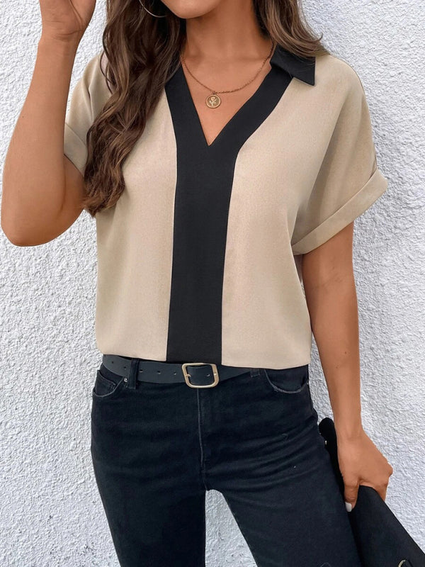 Blouses-Solid V-Neck Blouse - Summer Collared Top-Pekosa Women Clothing