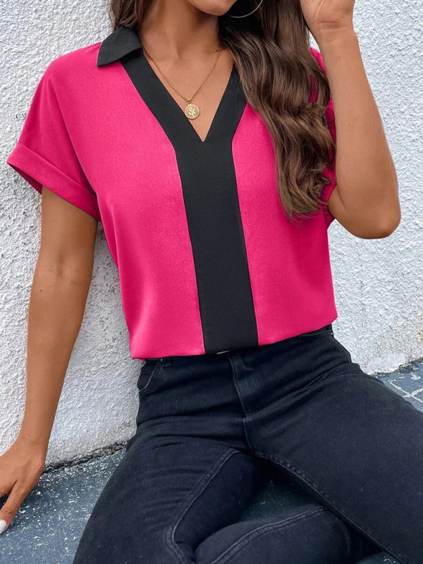 Blouses-Solid V-Neck Blouse - Summer Collared Top-Pekosa Women Clothing