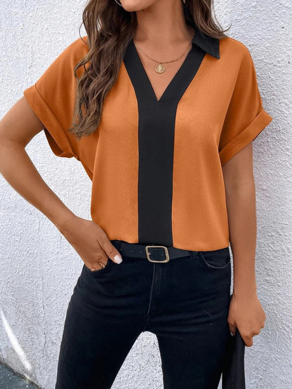 Blouses-Solid V-Neck Blouse - Summer Collared Top-Pekosa Women Clothing