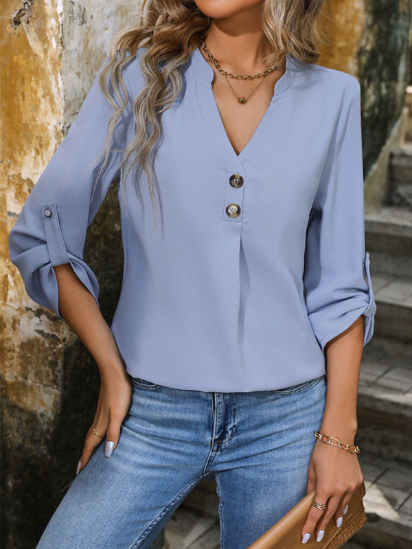 Blouses- Solid V-Neck Blouse with Roll-Up Sleeves- - IndioGear Fashion and Gear