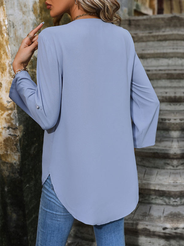 Blouses- Solid V-Neck Blouse with Roll-Up Sleeves- - IndioGear Fashion and Gear